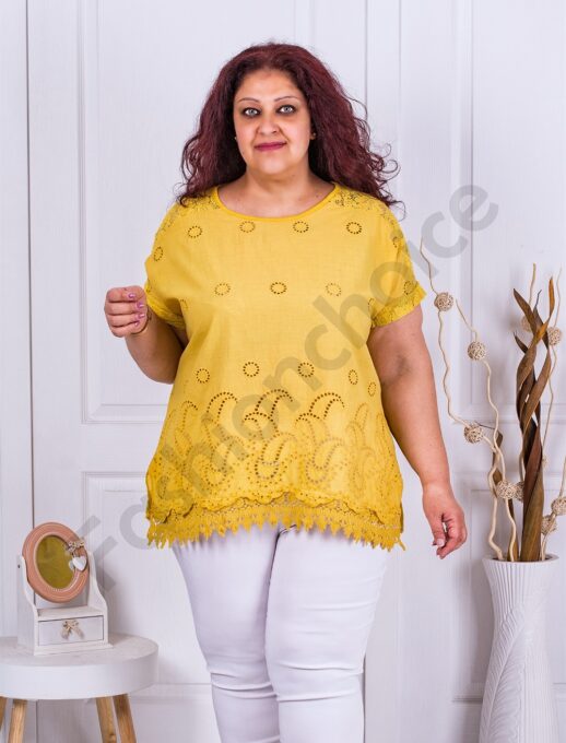 Plus size τουνίκ με τρυπητό κέντημα-κίτρινο-κωδ 9151-6