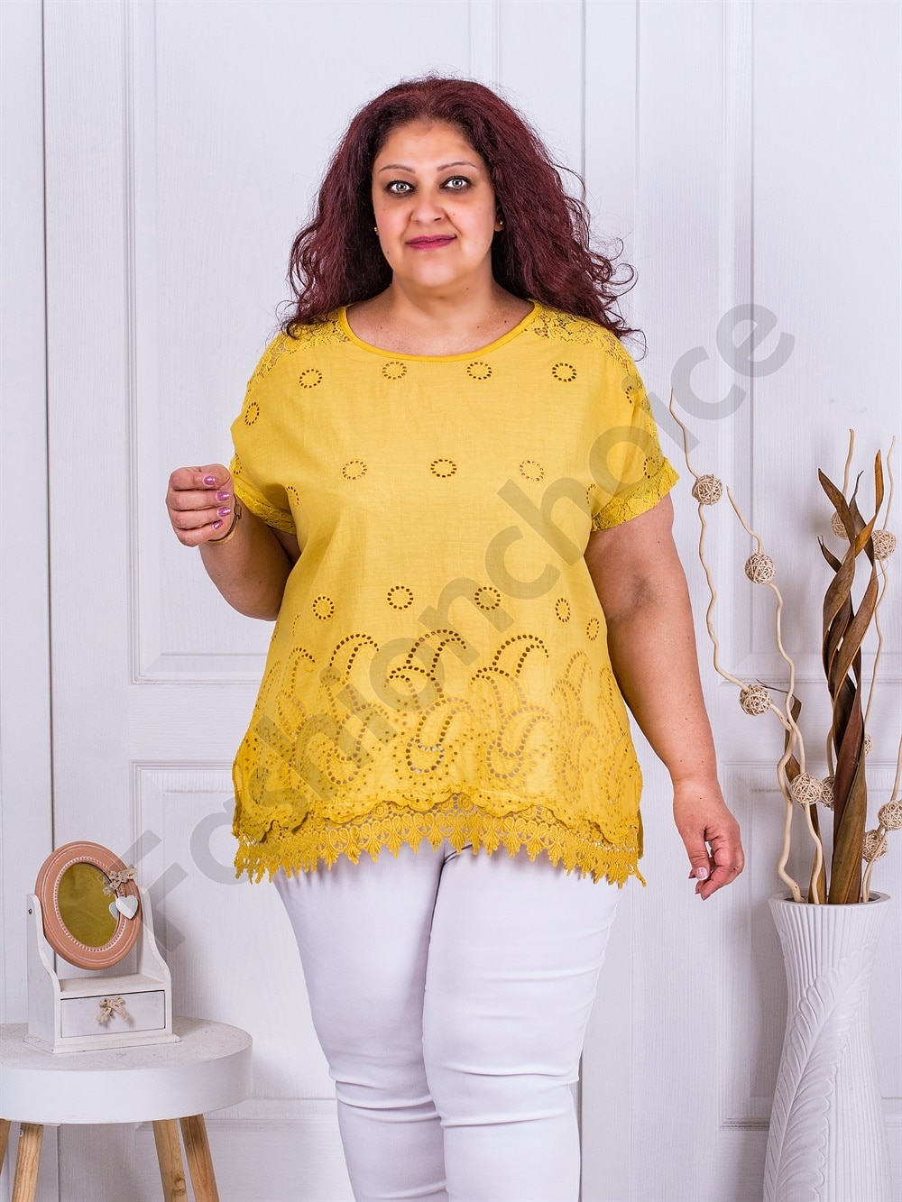 Plus size τουνίκ με τρυπητό κέντημα-κίτρινο-κωδ 9151-6