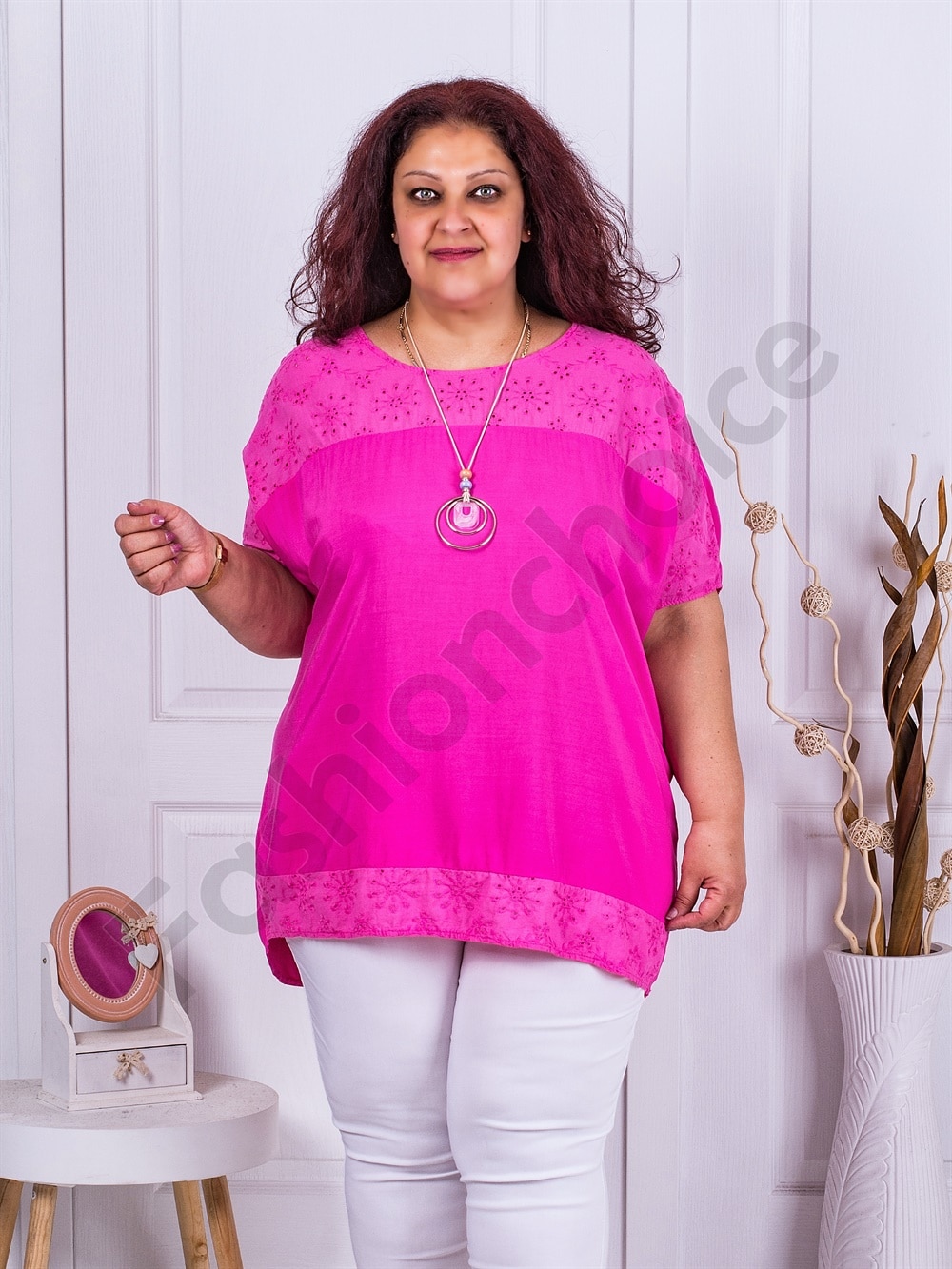 Plus size τουνίκ με τρυπητό κέντημα και κολιέ-φουξία-κωδ 21233-3