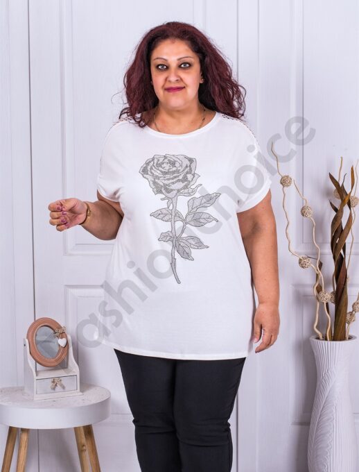 Plus size μπλούζα με απλικέ τριαντάφυλλο-λευκό-κωδ 6206-2