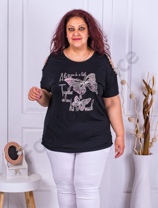 Plus size τουνίκ με πεταλούδες και άνοιγμα στους ώμους-μαύρο-κωδ 9808