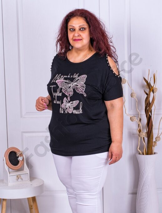 Plus size τουνίκ με πεταλούδες και άνοιγμα στους ώμους-μαύρο-κωδ 9808