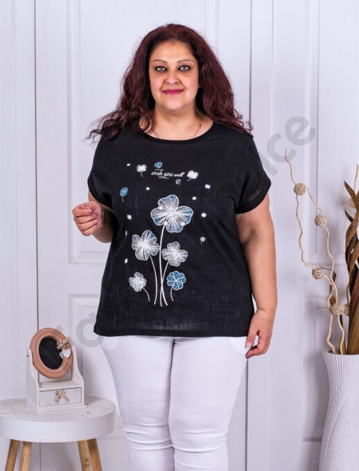 Plus size μπλούζα με απλικέ λουλούδια-μαύρο-κωδ 2657