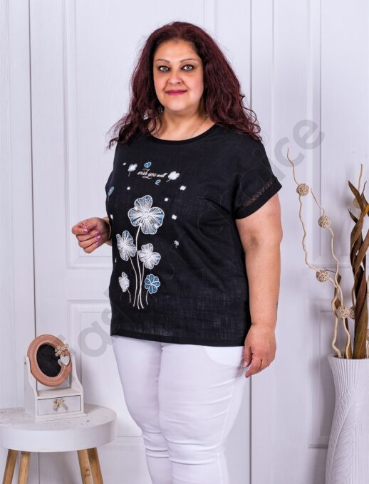 Plus size μπλούζα με απλικέ λουλούδια-μαύρο-κωδ 2657
