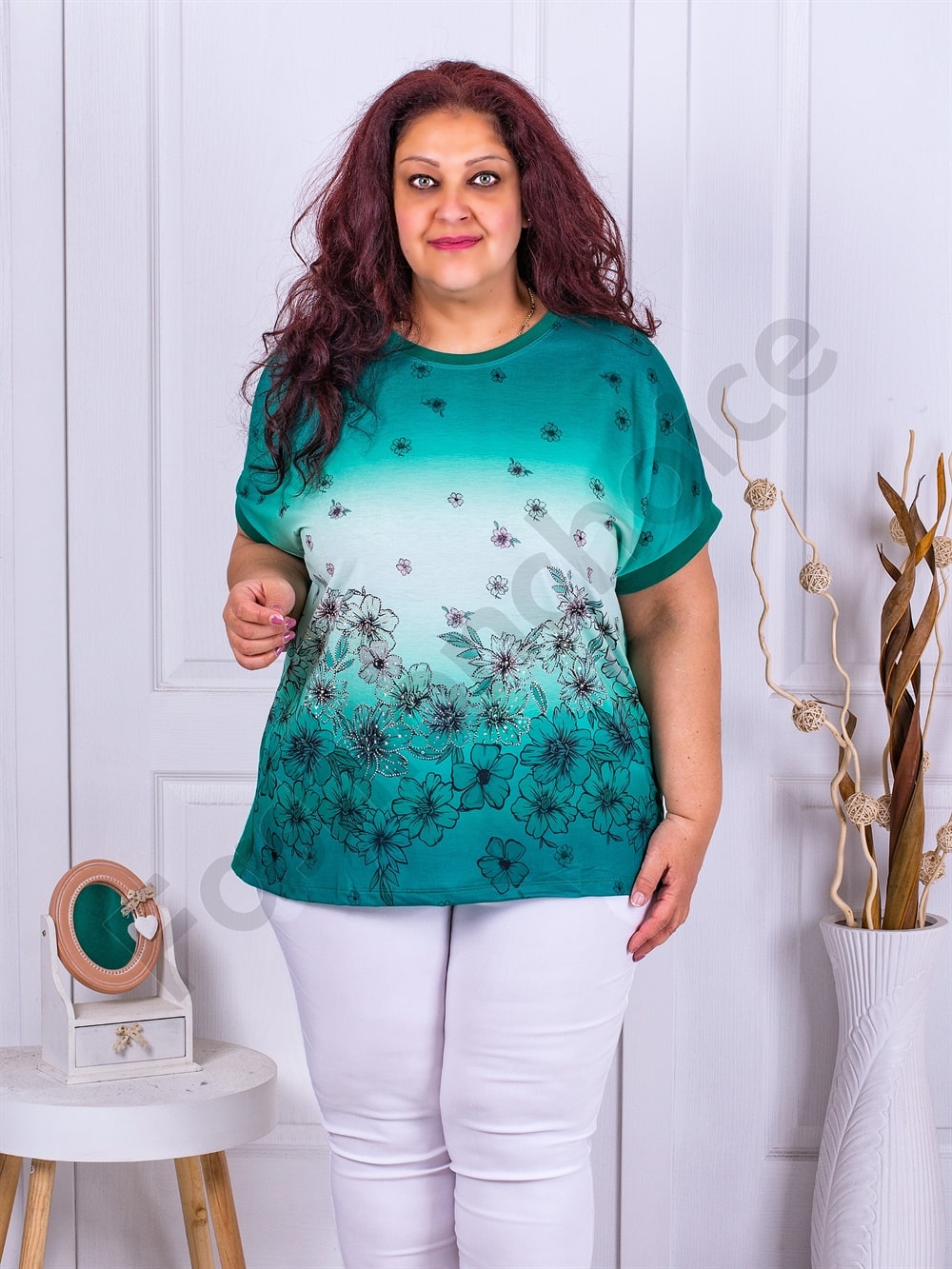 Plus size κοντομάνικη φλοράλ μπλούζα-πράσινο-κωδ 2678-5