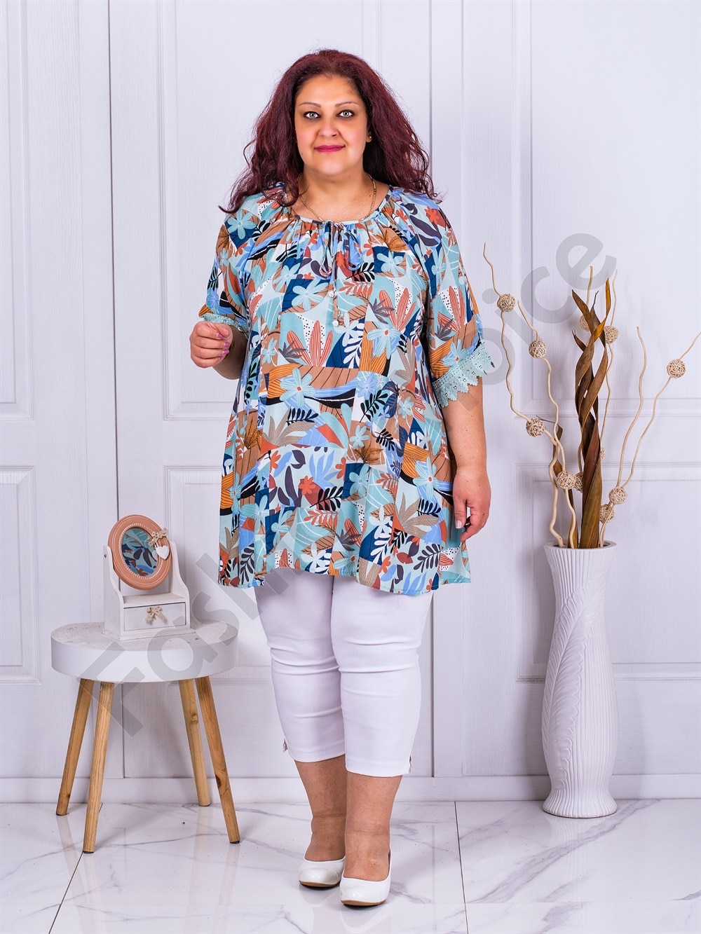 Plus size τουνίκ με τύπωμα λουλούδια-γαλάζιο-κωδ 6078-1