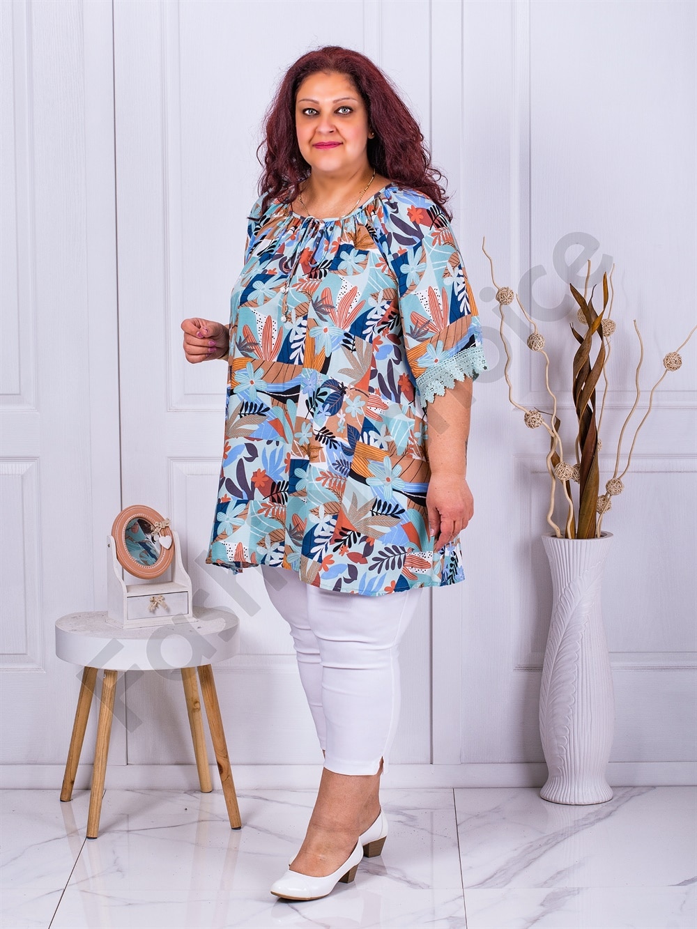 Plus size τουνίκ με τύπωμα λουλούδια-γαλάζιο-κωδ 6078-1 - Image 2