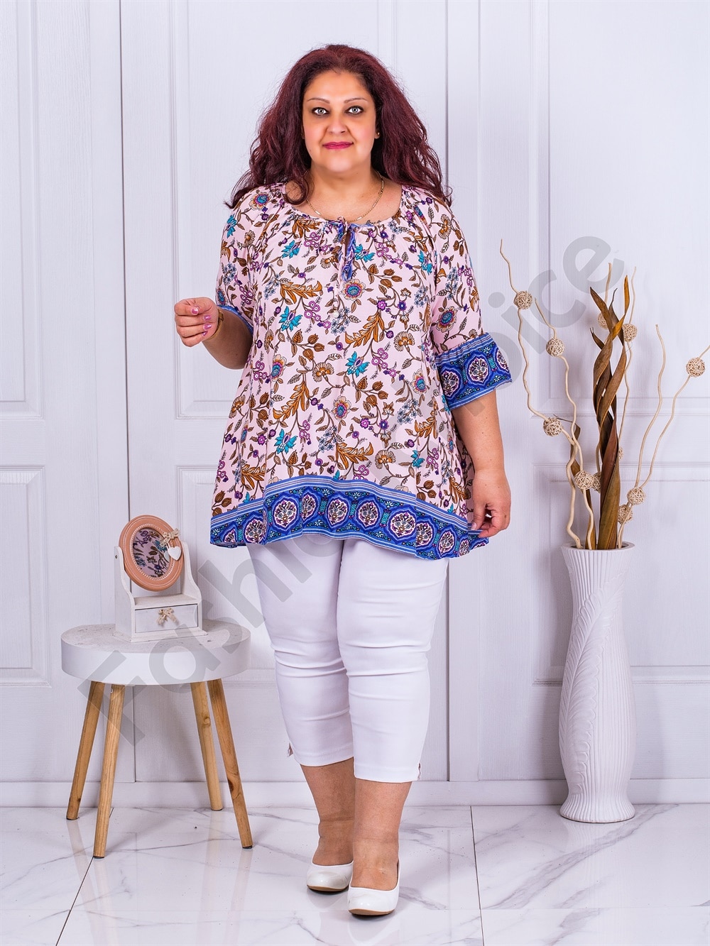 Plus size τουνίκ με Boho μοτίβο-ροζ-κωδ 6073-2
