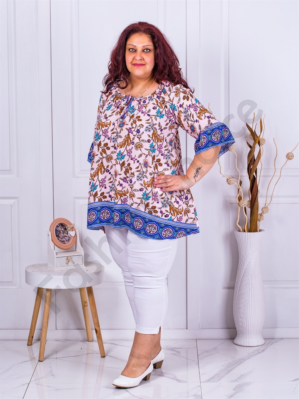 Plus size τουνίκ με Boho μοτίβο-ροζ-κωδ 6073-2 - Image 2