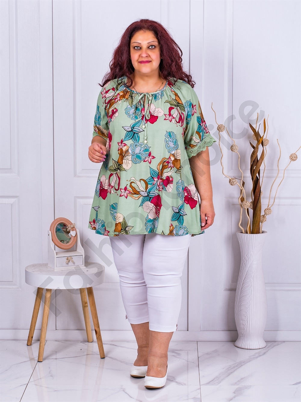 Plus size τουνίκ με τύπωμα λουλούδια-μέντα-κωδ 6092-2