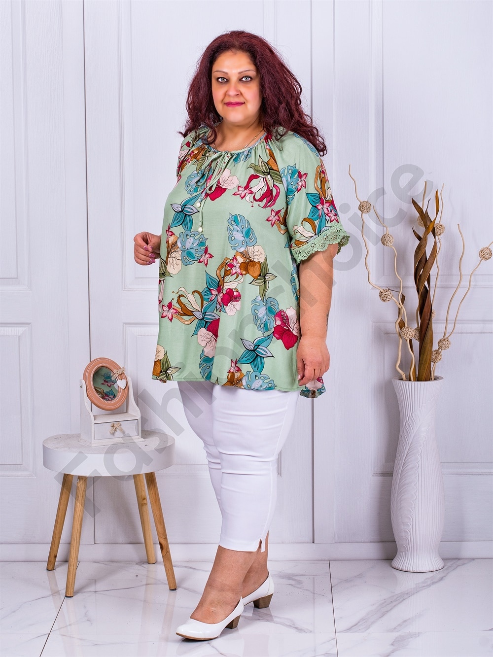 Plus size τουνίκ με τύπωμα λουλούδια-μέντα-κωδ 6092-2 - Image 2