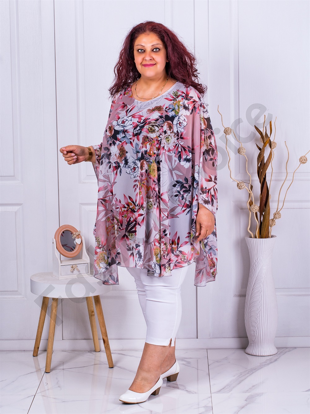 Plus size σιφόν πόντσο φλοράλ-ροζ-κωδ 235021-12 - Image 2