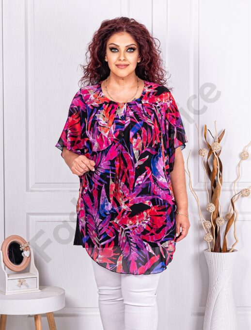 Plus size σιφόν τουνίκ με ντεσέν φύλλα-φούξια-κωδ 1317-1