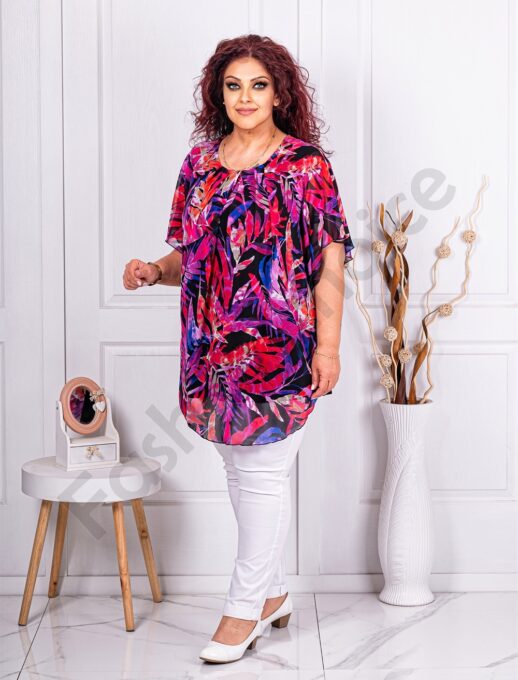 Plus size σιφόν τουνίκ με ντεσέν φύλλα-φούξια-κωδ 1317-1