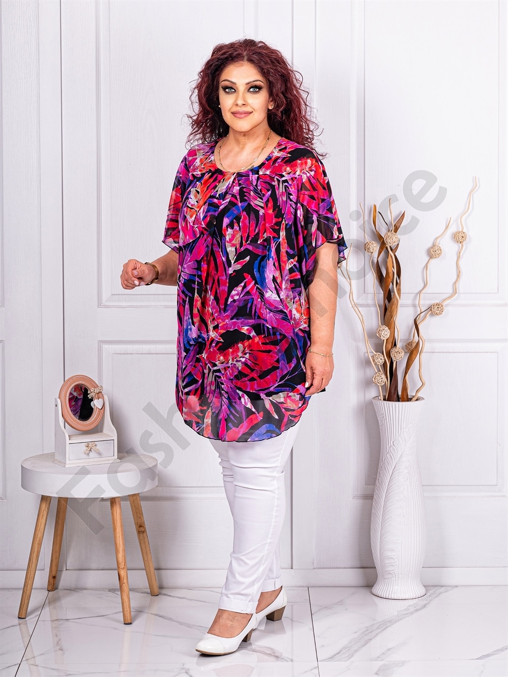 Plus size σιφόν τουνίκ με ντεσέν φύλλα-φούξια-κωδ 1317-1