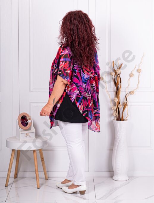 Plus size σιφόν τουνίκ με ντεσέν φύλλα-φούξια-κωδ 1317-1