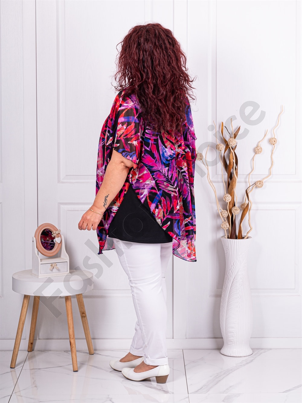 Plus size σιφόν τουνίκ με ντεσέν φύλλα-φούξια-κωδ 1317-1