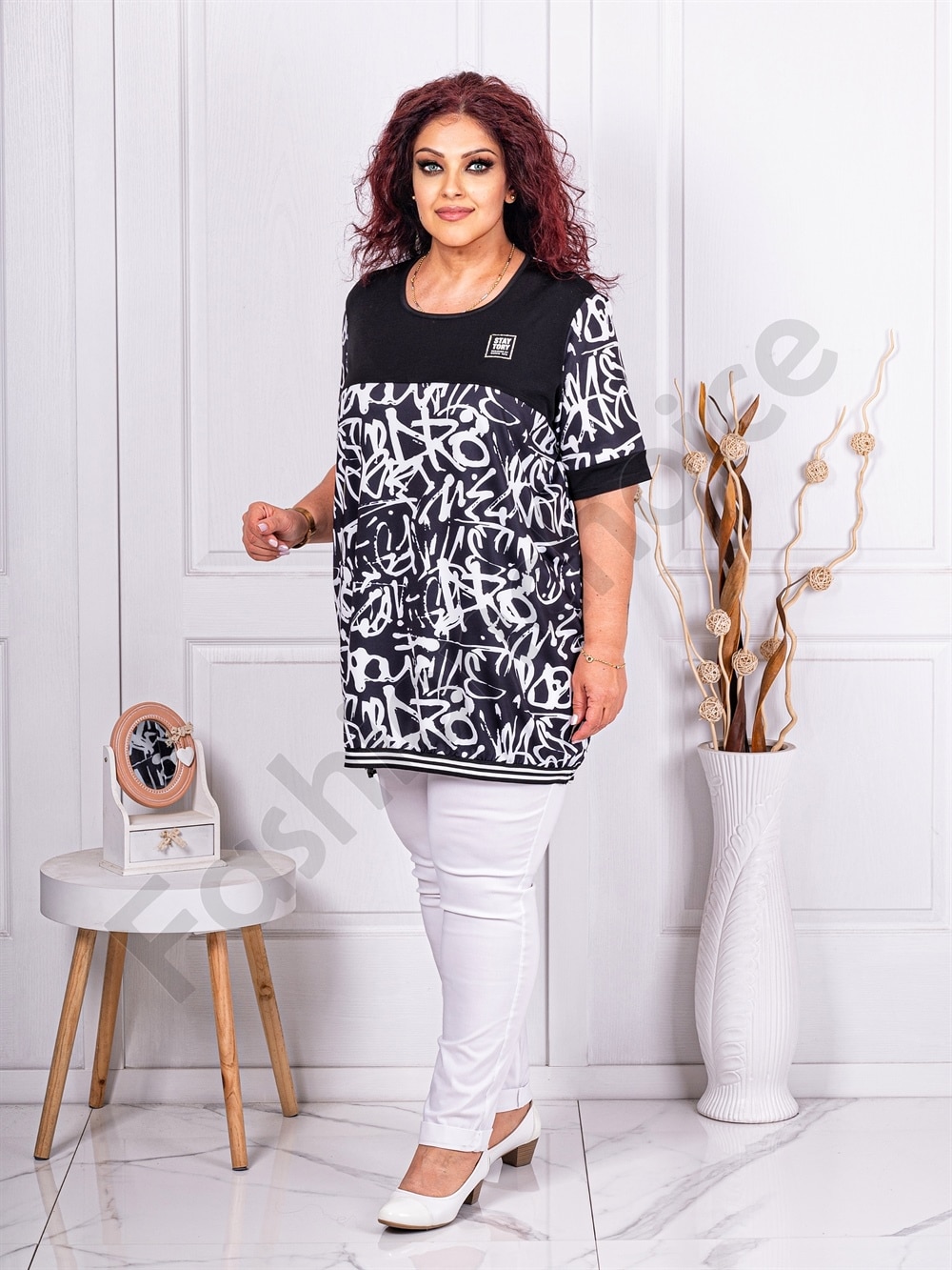 Plus size τουνίκ με ντεσέν γράμματα-λευκό-κωδ 1363-1