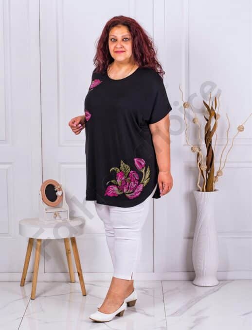 Plus size τουνίκ με φλοράλ απλικέ και στρας-μαύρο-κωδ 7485