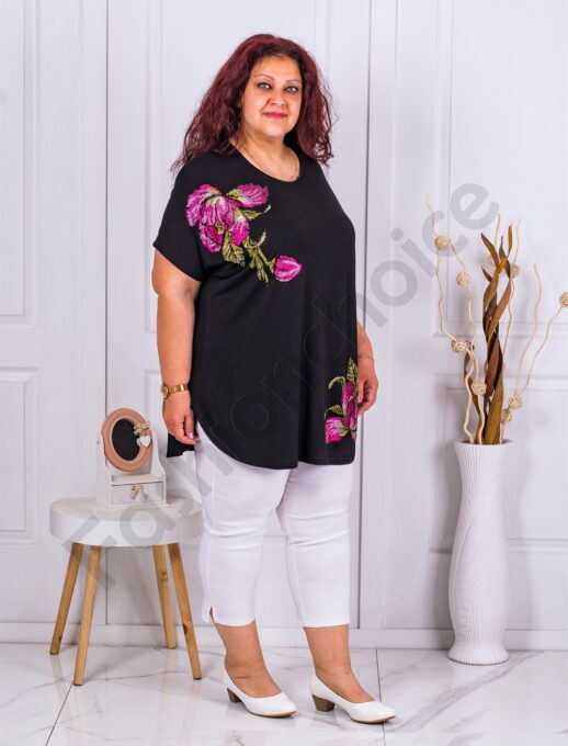 Plus size τουνίκ με φλοράλ απλικέ και στρας-μαύρο-κωδ 7485