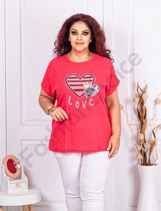 Plus size μπλούζα με απλικέ καρδιά-κοραλί-κωδ 2665-1