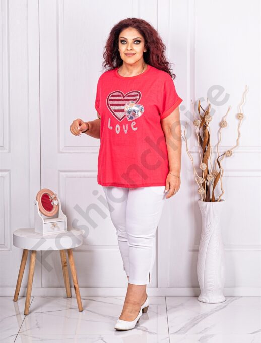 Plus size μπλούζα με απλικέ καρδιά-κοραλί-κωδ 2665-1