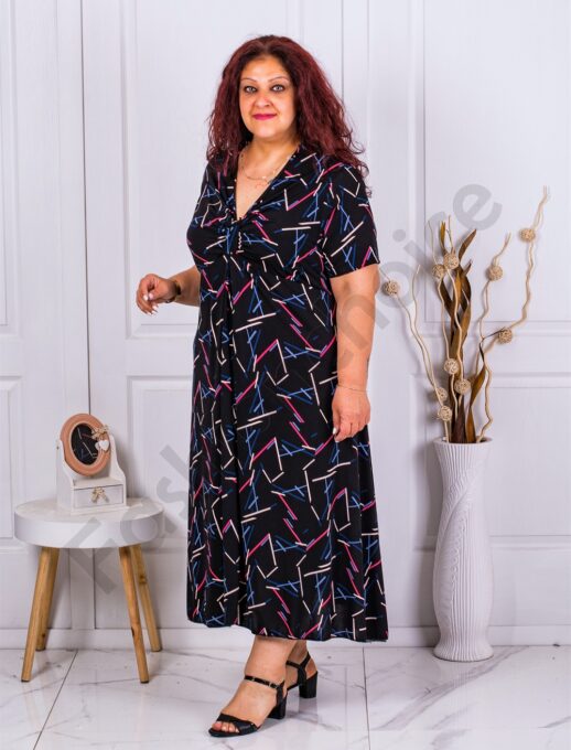 Plus size φόρεμα V λαιμόκοψη με χρωματιστά μοτίβα-κωδ 63751-7