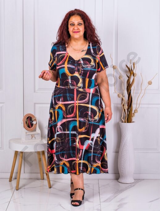 Plus size φόρεμα με χρωματιστά μοτίβα και V λαιμόκοψη-κωδ 23031-3