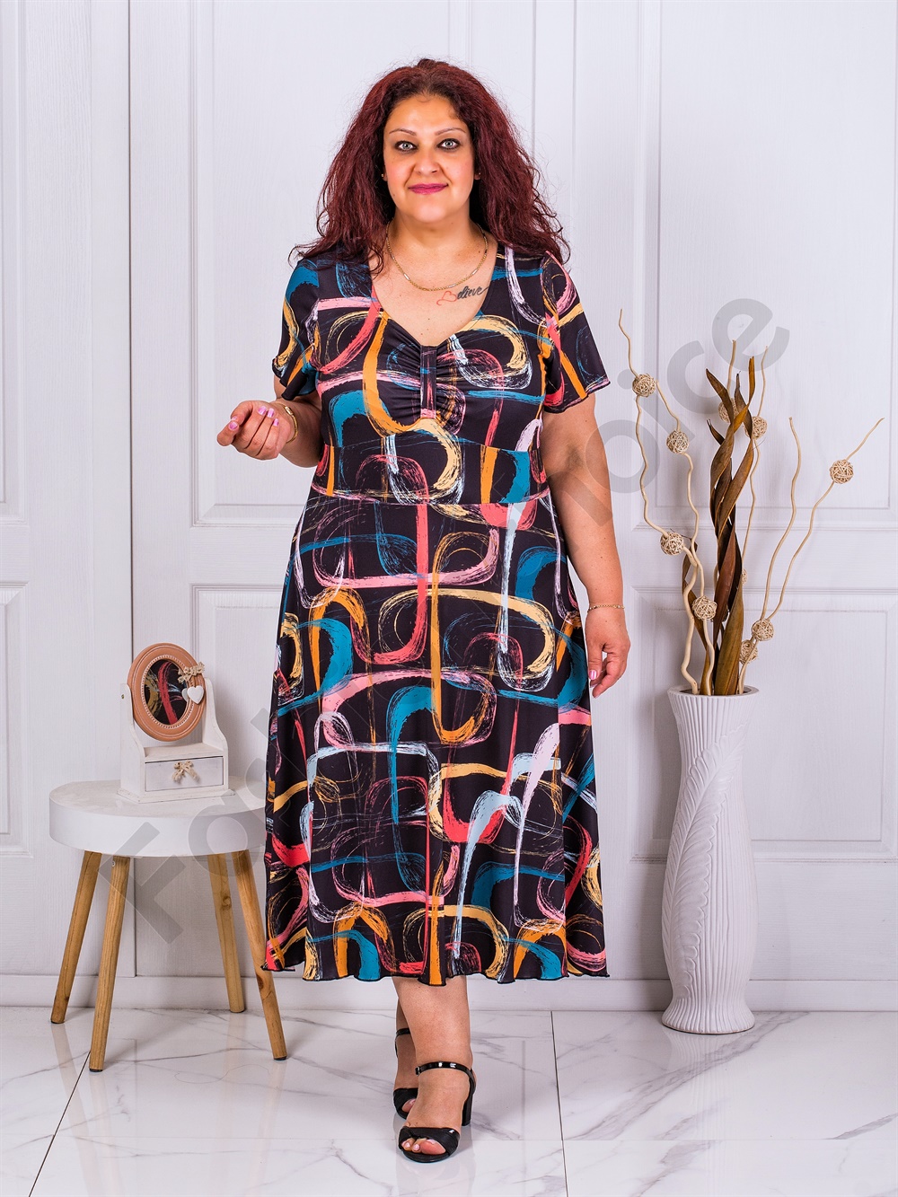 Plus size φόρεμα με χρωματιστά μοτίβα και V λαιμόκοψη-κωδ 23031-3