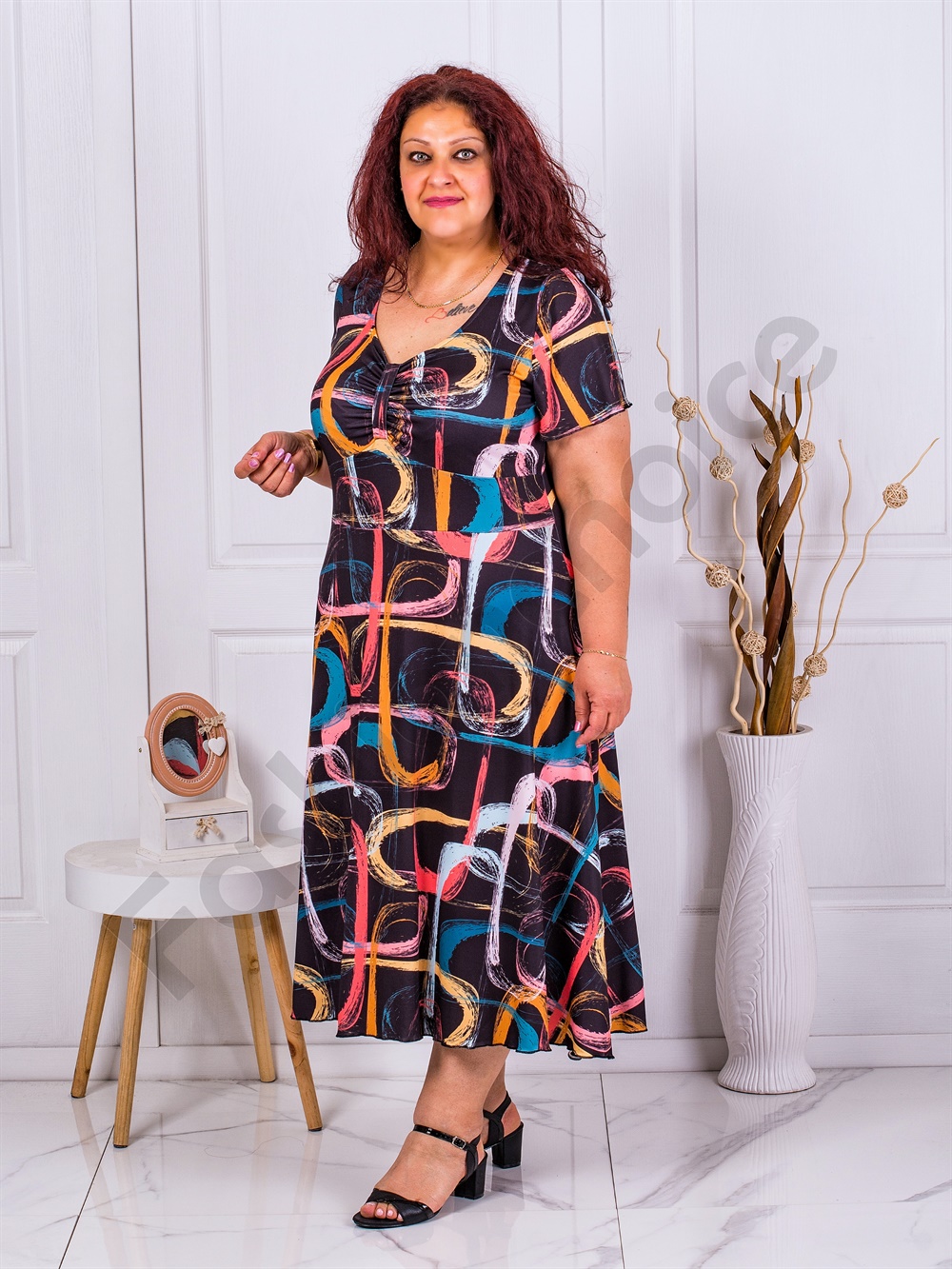 Plus size φόρεμα με χρωματιστά μοτίβα και V λαιμόκοψη-κωδ 23031-3