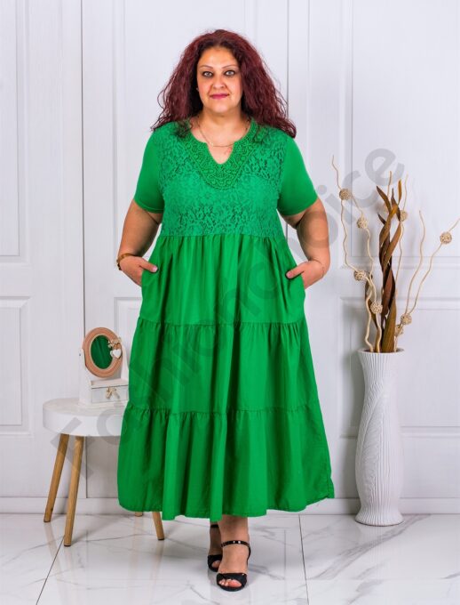 Plus size φόρεμα με βολάν και δαντέλα-πράσινο-κωδ 10127-4