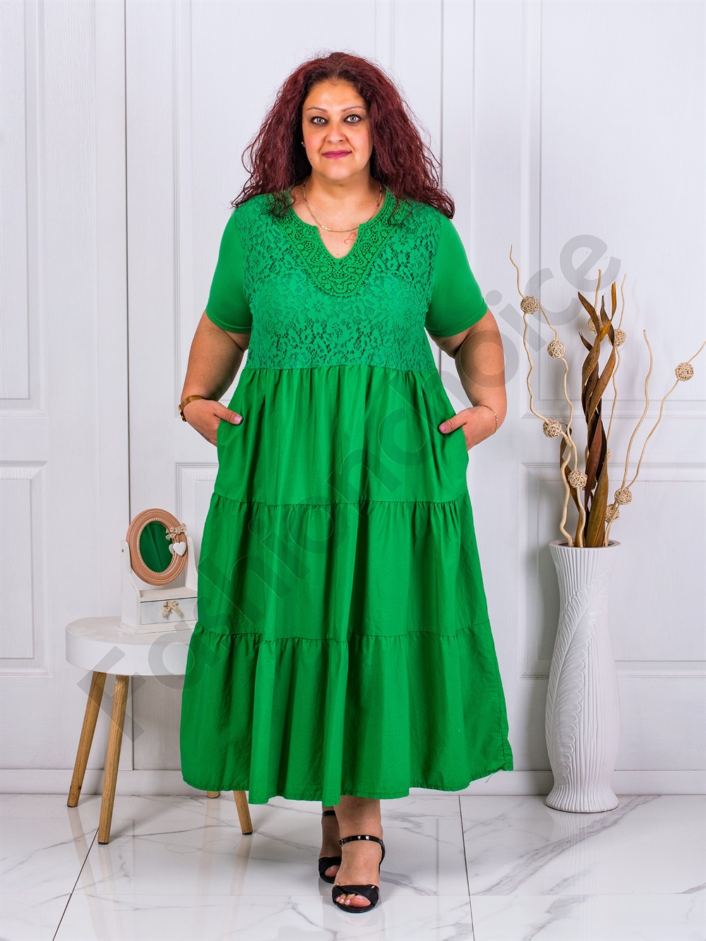Plus size φόρεμα με βολάν και δαντέλα-πράσινο-κωδ 10127-4
