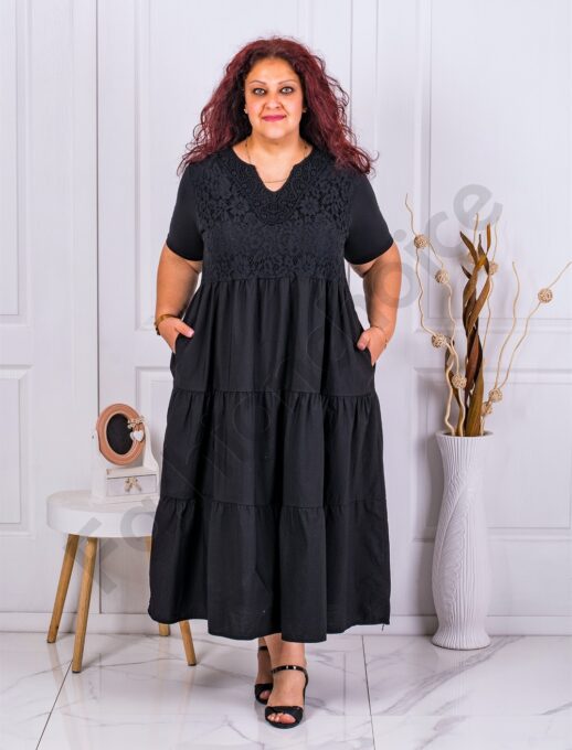 Plus size φόρεμα με βολάν και δαντέλα-μαύρο-κωδ 10127