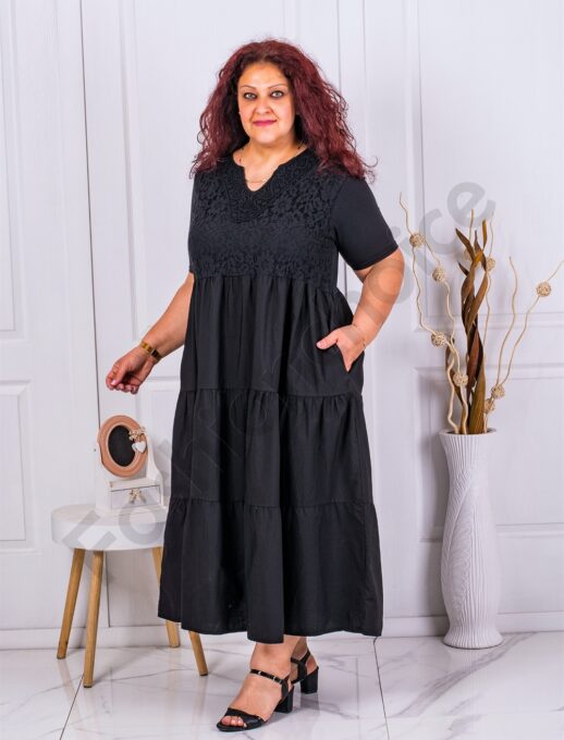 Plus size φόρεμα με βολάν και δαντέλα-μαύρο-κωδ 10127