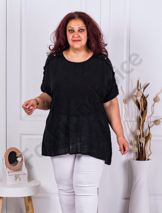 Plus size βαμβακερή τουνίκ με δαντέλα στα μανίκια-μαύρο-κωδ 3371
