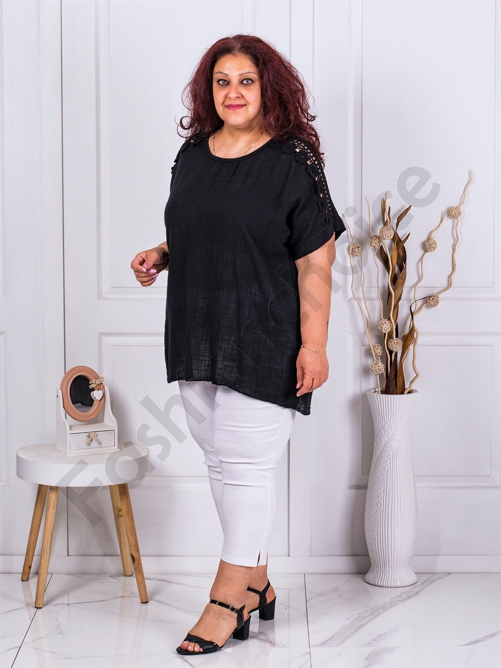 Plus size βαμβακερή τουνίκ με δαντέλα στα μανίκια-μαύρο-κωδ 3371