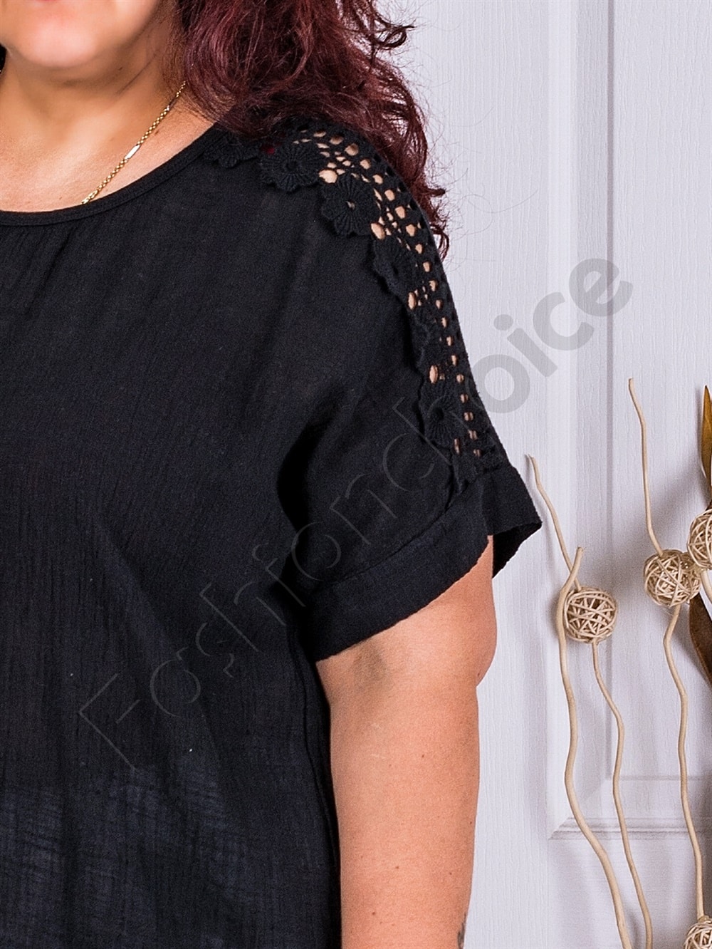 Plus size βαμβακερή τουνίκ με δαντέλα στα μανίκια-μαύρο-κωδ 3371