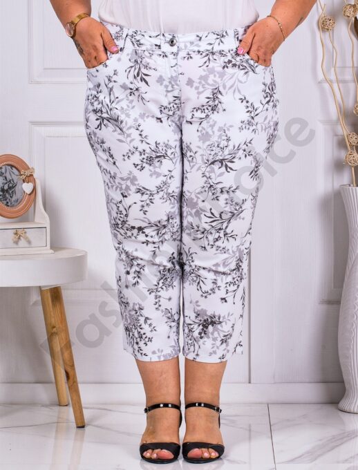 Plus size κάπρι παντελόνι με φύλλα-λευκό/μαύρο-κωδ 231308-3