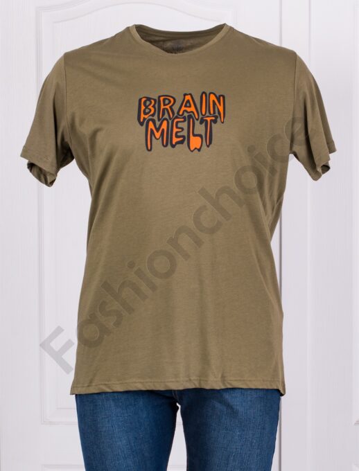 Plus size ανδρικό T-shirt με στάμπα Brain Melt-χακί-κωδ 23141-1