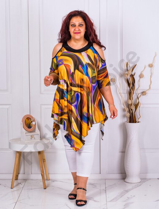 Plus size τουνίκ με άνοιγμα στους ώμους-ώχρα-κωδ 1359-3