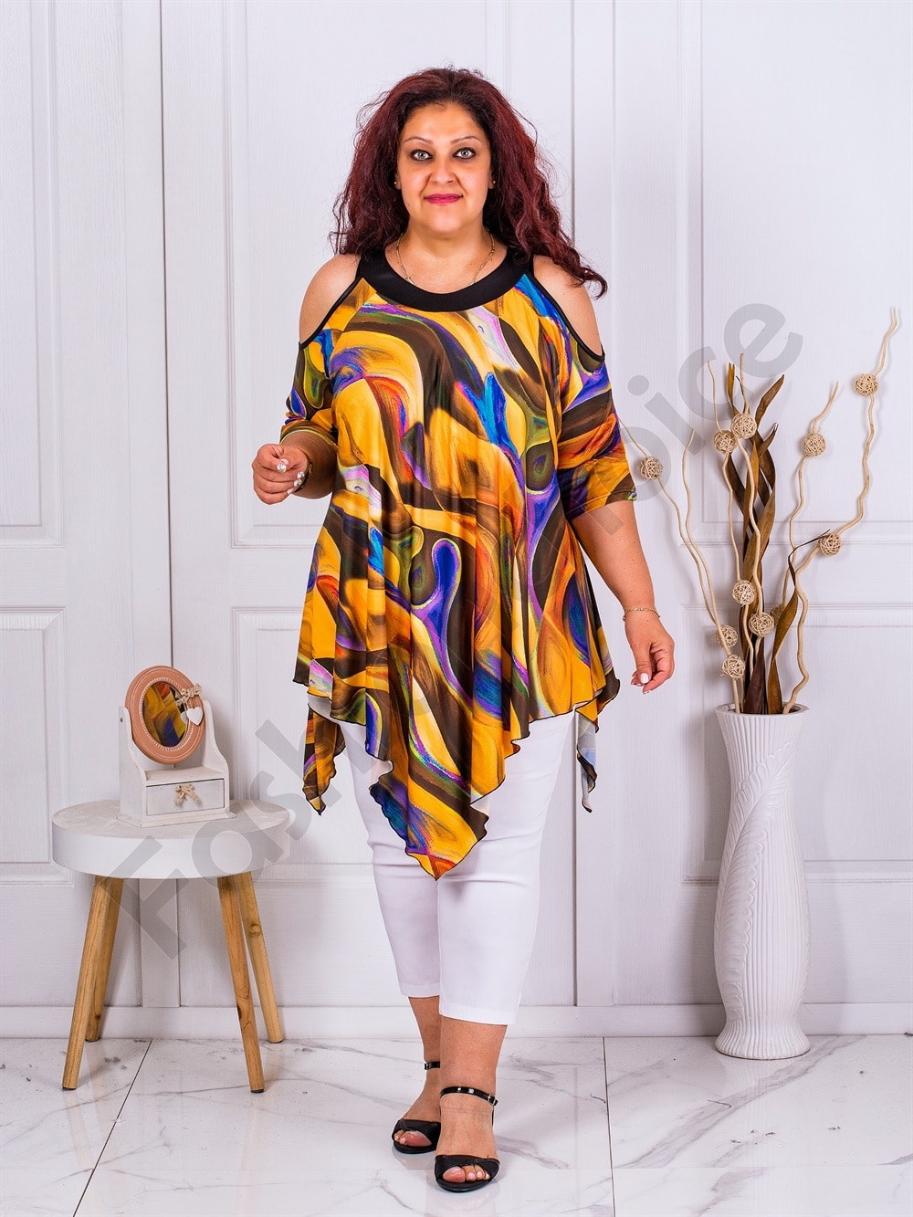 Plus size τουνίκ με άνοιγμα στους ώμους-ώχρα-κωδ 1359-3