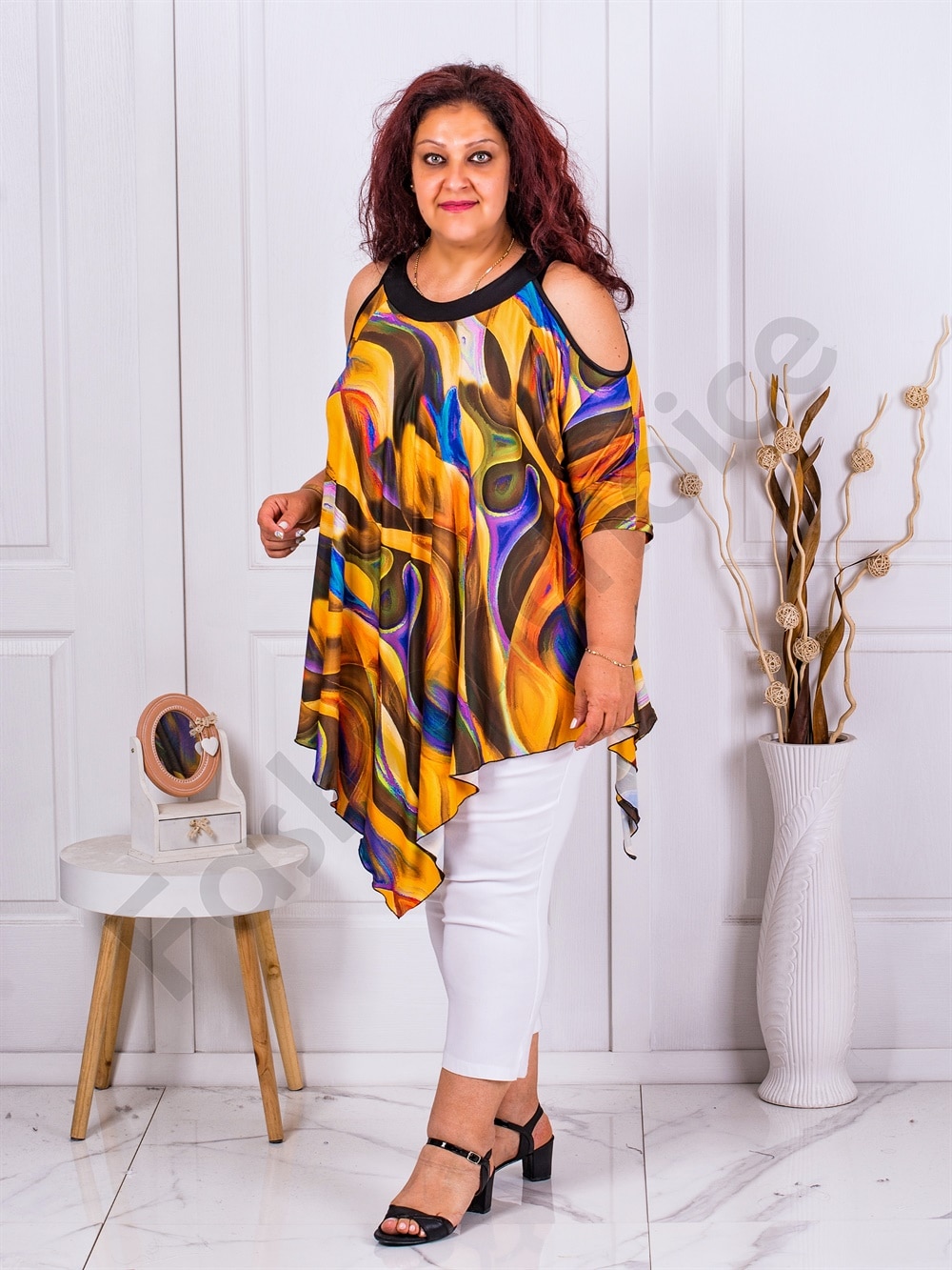 Plus size τουνίκ με άνοιγμα στους ώμους-ώχρα-κωδ 1359-3