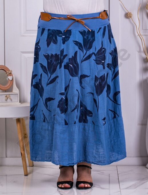 Plus size φούστα με φλοράλ μοτίβο-μπλε-κωδ 1025-1