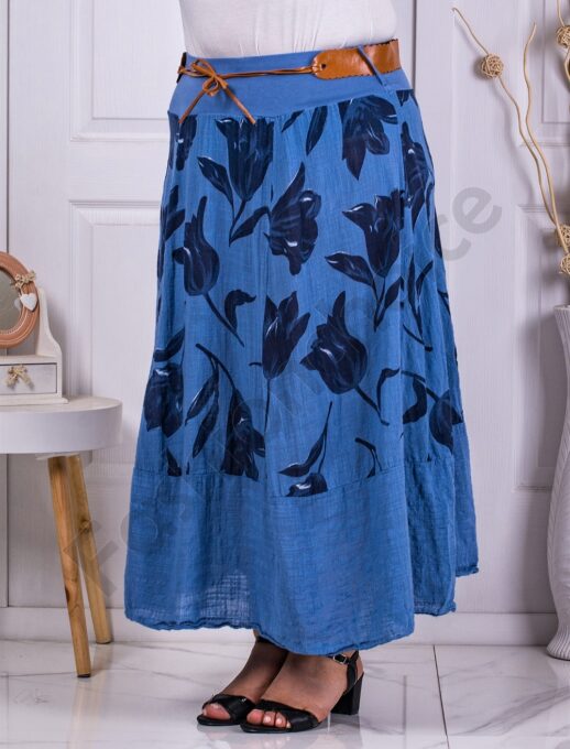 Plus size φούστα με φλοράλ μοτίβο-μπλε-κωδ 1025-1