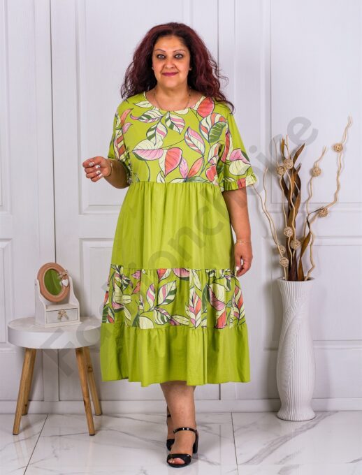 Plus size φόρεμα με βολάν σε μοτίβο φύλλα-λάιμ-κωδ 4503-1