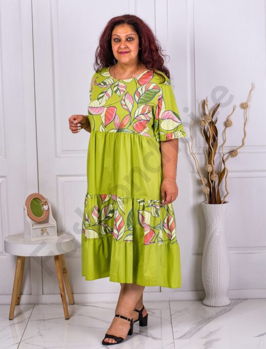 Plus size φόρεμα με βολάν σε μοτίβο φύλλα-λάιμ-κωδ 4503-1