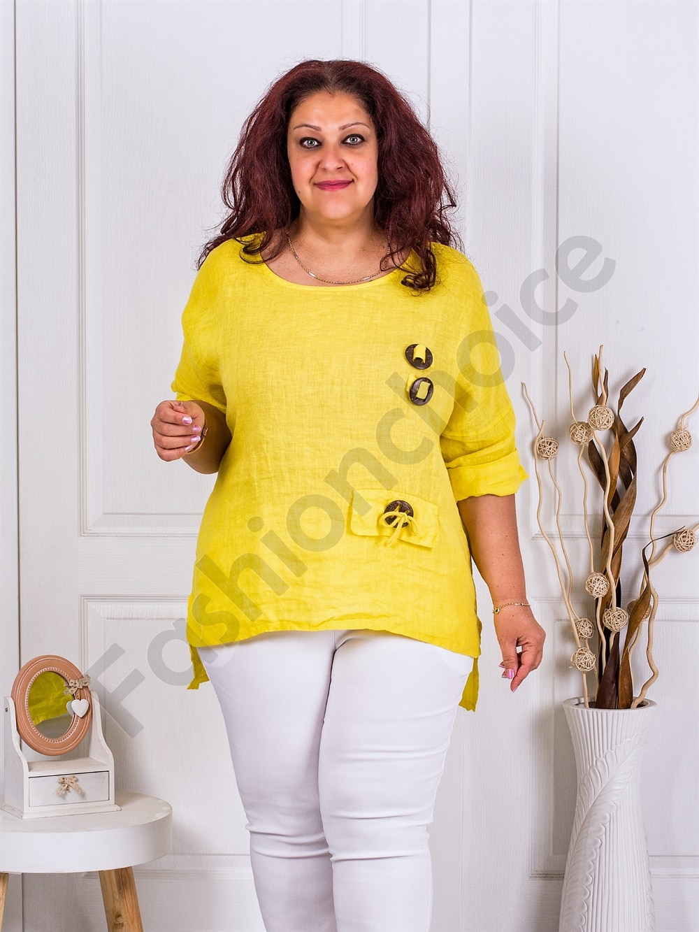Plus size λινή μπλούζα-κίτρινο-κωδ 3183-2