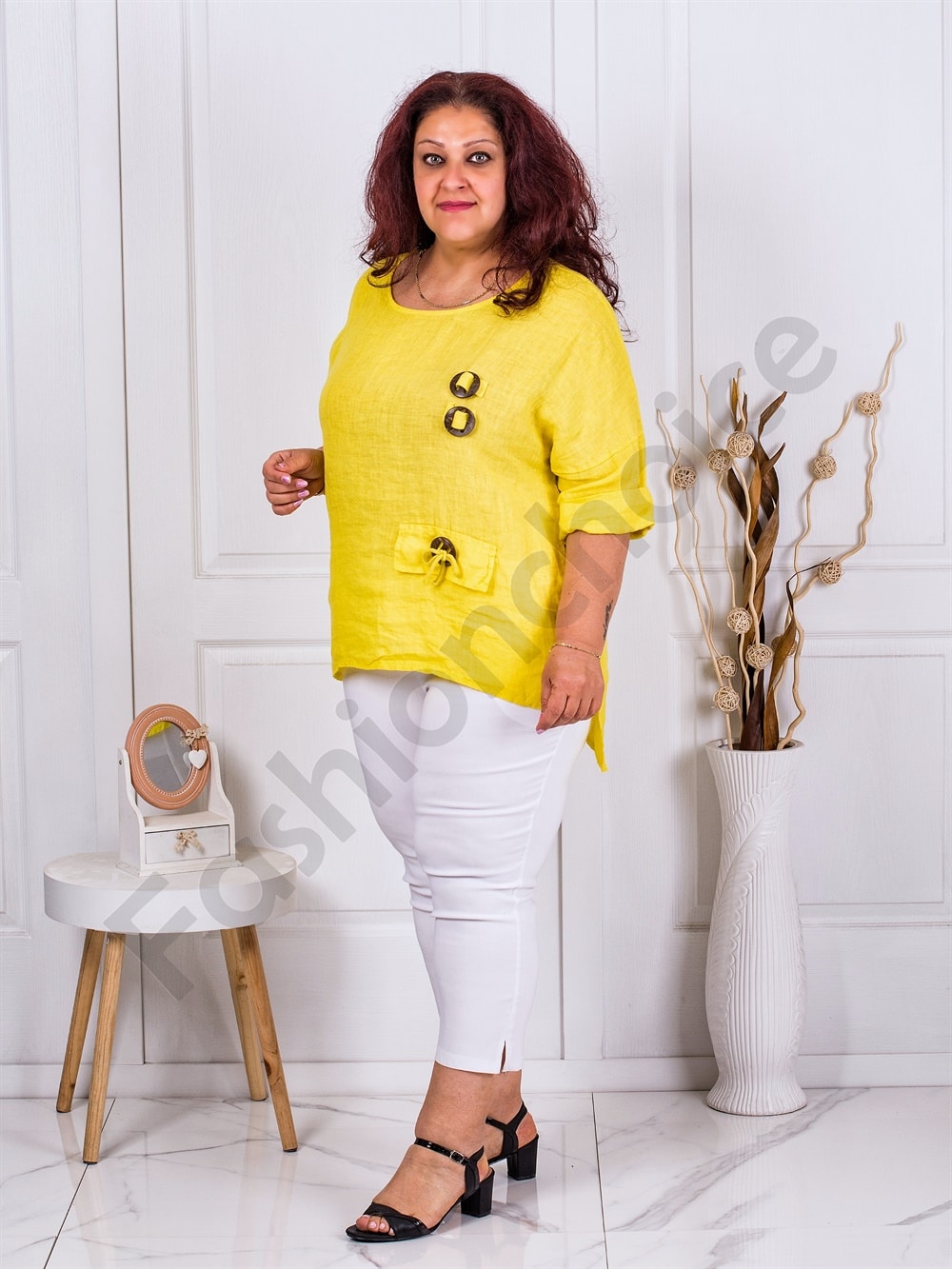 Plus size λινή μπλούζα-κίτρινο-κωδ 3183-2