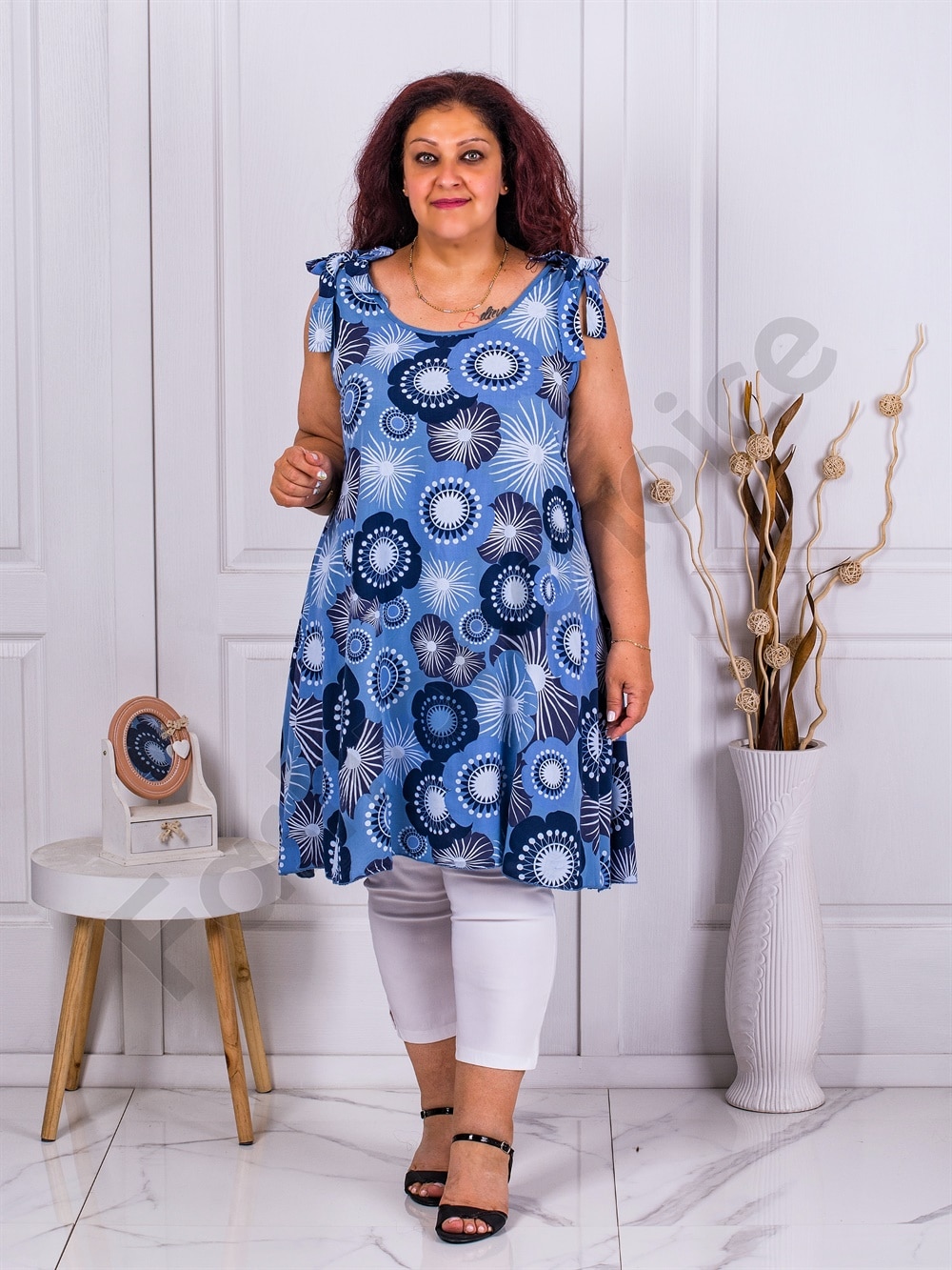 Plus size μακρύ τοπ με φιόγκο στους ώμους-μπλε-κωδ 1034