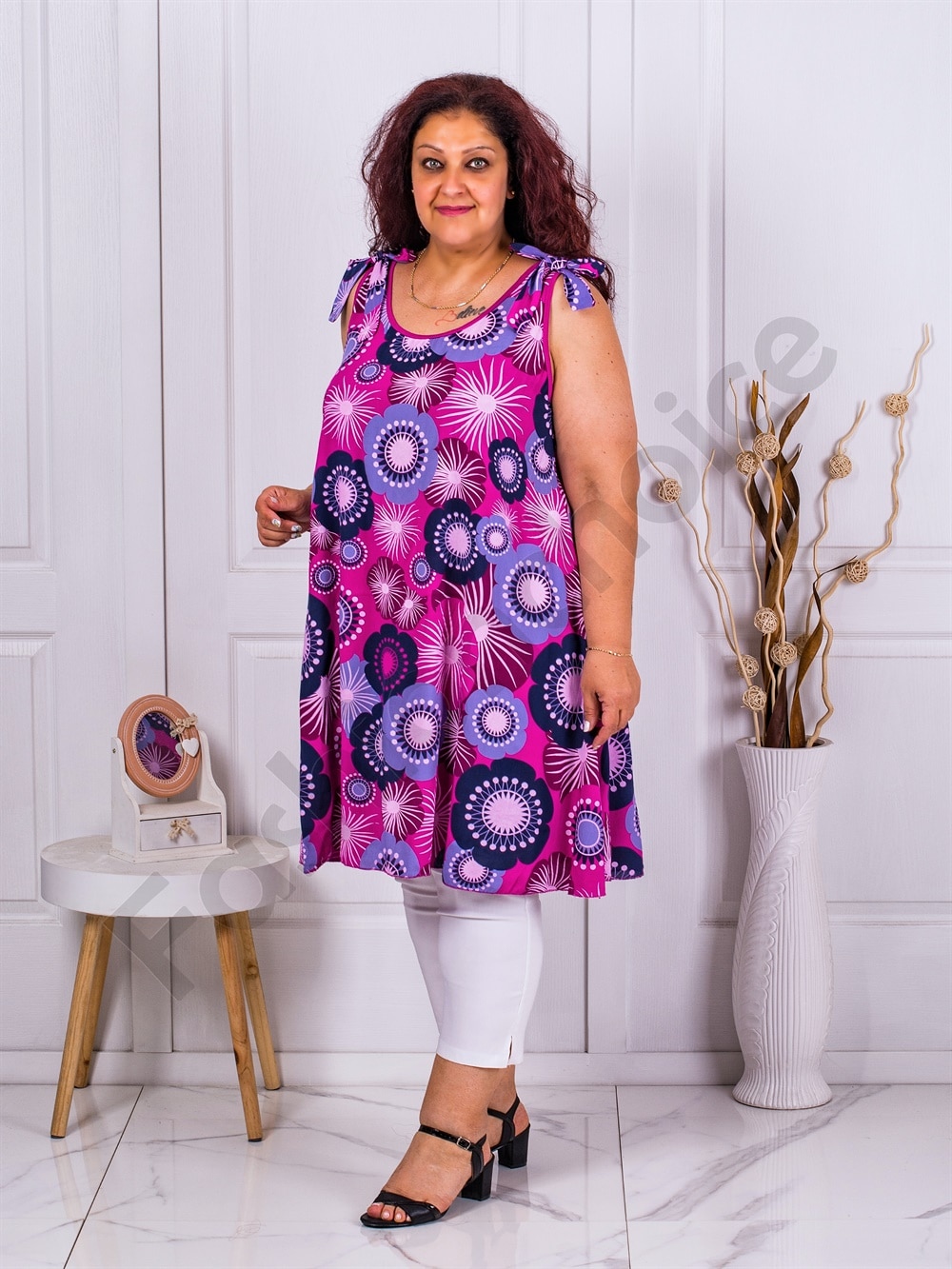 Plus size μακρύ τοπ με φιόγκο στους ώμους-φούξια-κωδ 1034-4